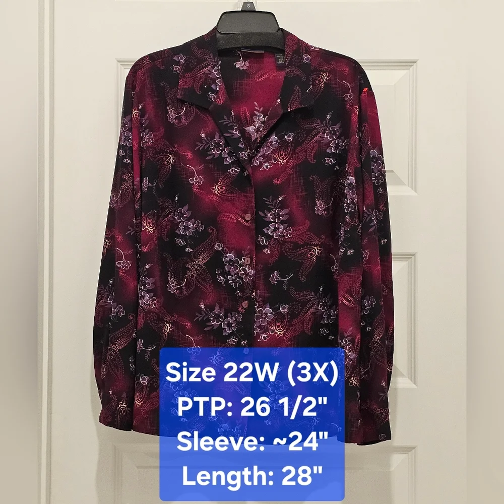 Laura Scott Floral and Paisley Print LS Button-Up Blouse, EUC, Size 22W (3X) - Picture 1 of 11